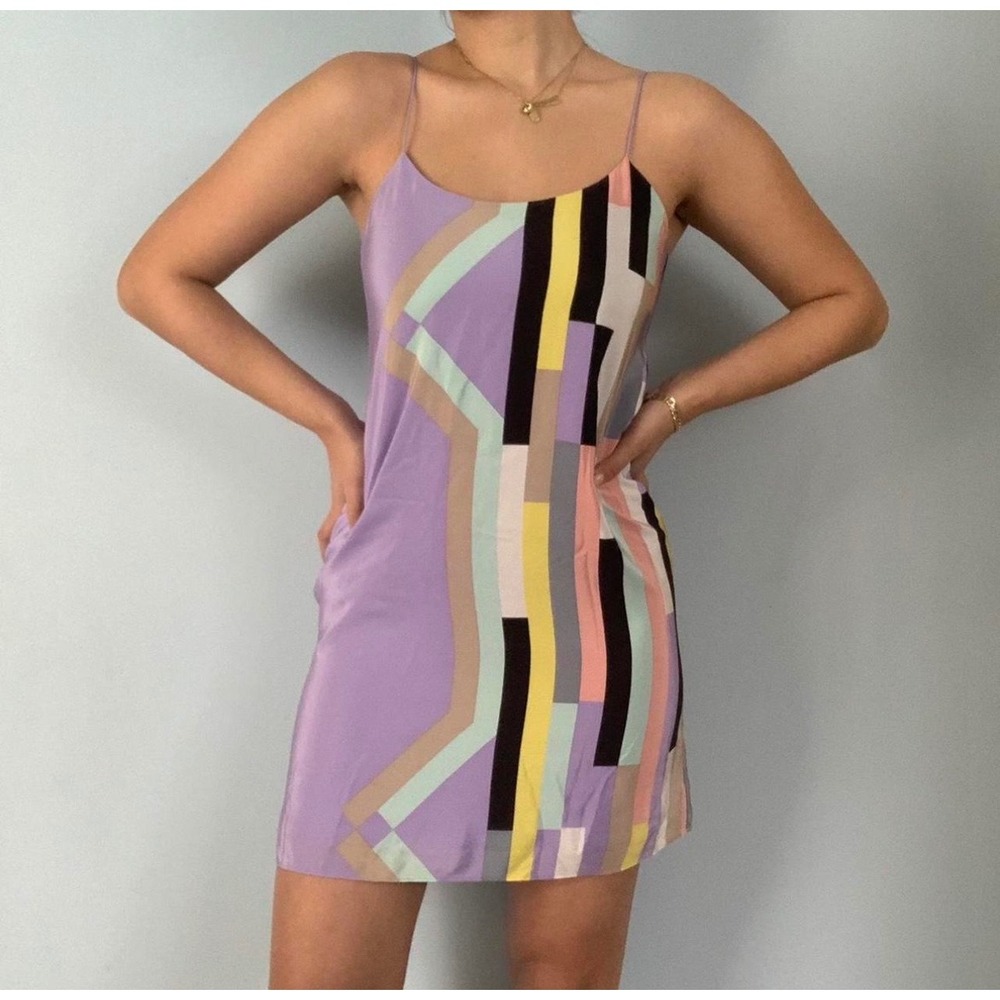 Tibi New York Arizona Printed Silk Slip Dress Abstract Geometric Boho Purple 6